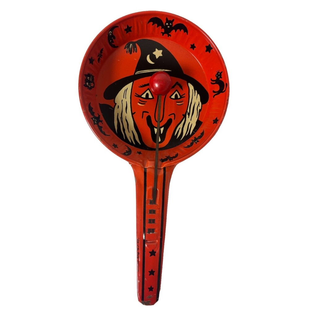 Vintage Kirchhof Halloween Tin Clanger Noisemaker Witch Pan Made in USA